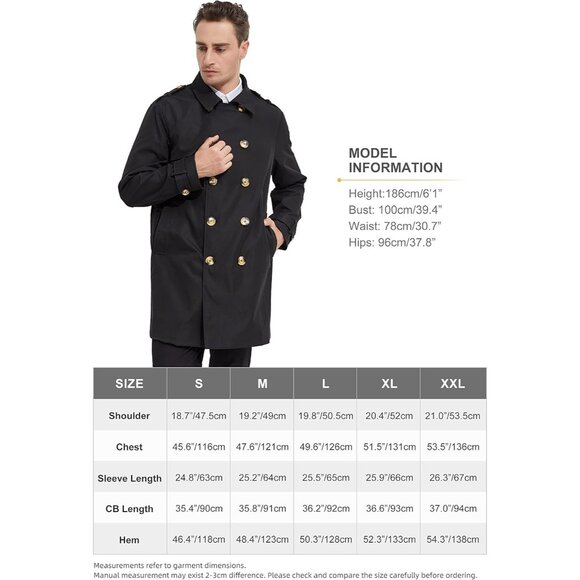 🆕 Men Black Long Double Breasted Trench Coat Belt Light Lape Windbreaker Design - Picture 6 of 6